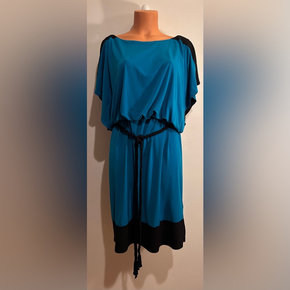 Summer Blue & Black Colorblock Drape Dress Large